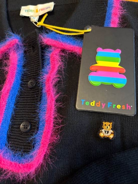 Teddy Fresh Sweaters - Teddy Fresh Black V-Neck Sweater with Pink & Blue Fuzzy Trim NWT Rare.